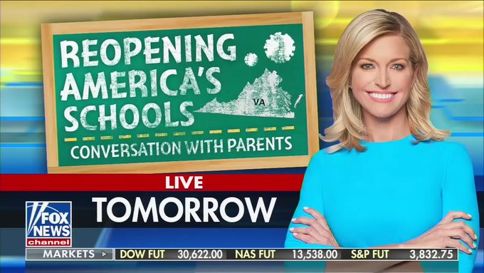 An image from the February 3 edition of Fox & Friends, previewing an Ainsley Earhardt panel with parents on the 4th. Image reads "Reopening America's Schools: Conversation With Parents" on a chalkboard, with a drawing of the commonwealth of Virginia. Earhardt is standing to the right of the image, which says underneath (off the chalkboard) "LIVE TOMORROW" 
