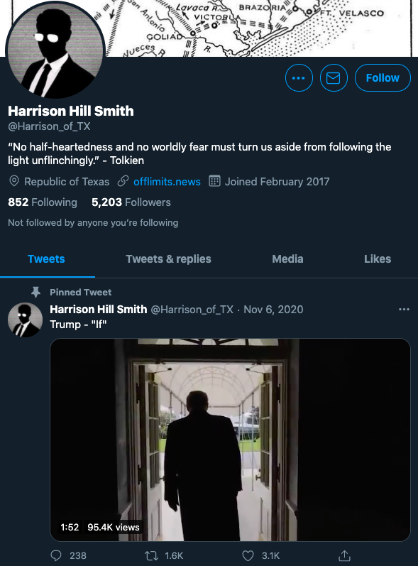 Twitter account of Infowars contributor Harrison Hill Smith accessed 2/11/21, showing his music and poetry video tribute to former president Donald Trump pinned to his profile.