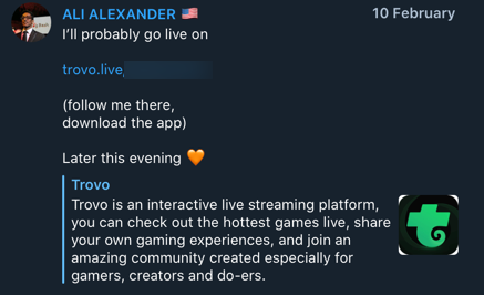 Ali Alexander Trovo joining