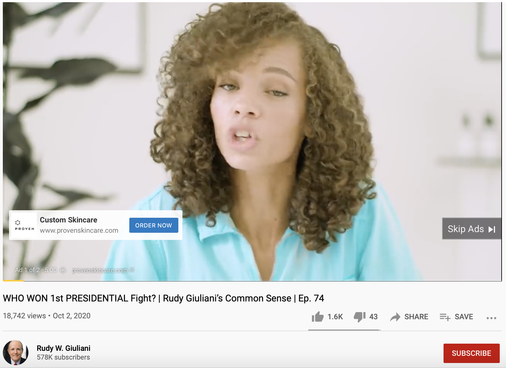 An ad plays before a video on Rudy Giuliani's YouTube page