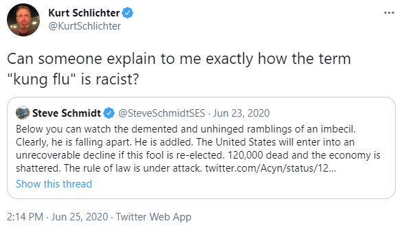 Kurt Schlichter posts racist "kung flu" tweet on June 25, 2020