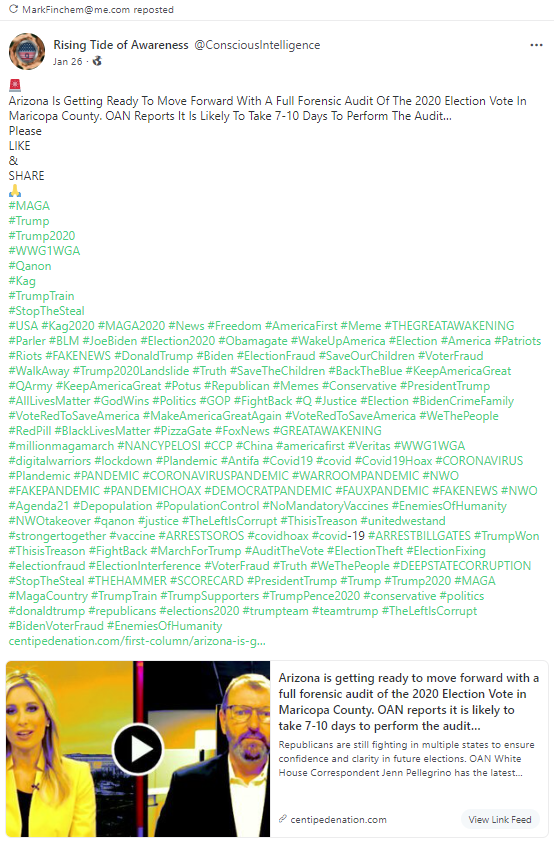 Mark Finchem QAnon repost about the Arizona audit