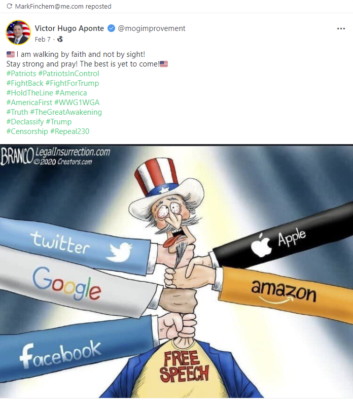 Mark Finchem QAnon repost about tech companies