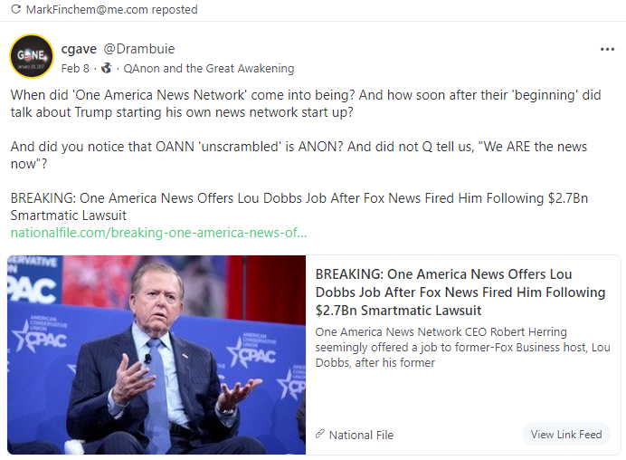Mark Finchem QAnon repost about One America News