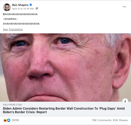 screenshot of a Facebook post from Ben Shapiro
