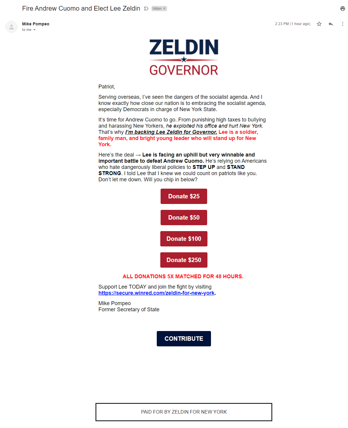 Mike Pompeo's Lee Zeldin fundraising email