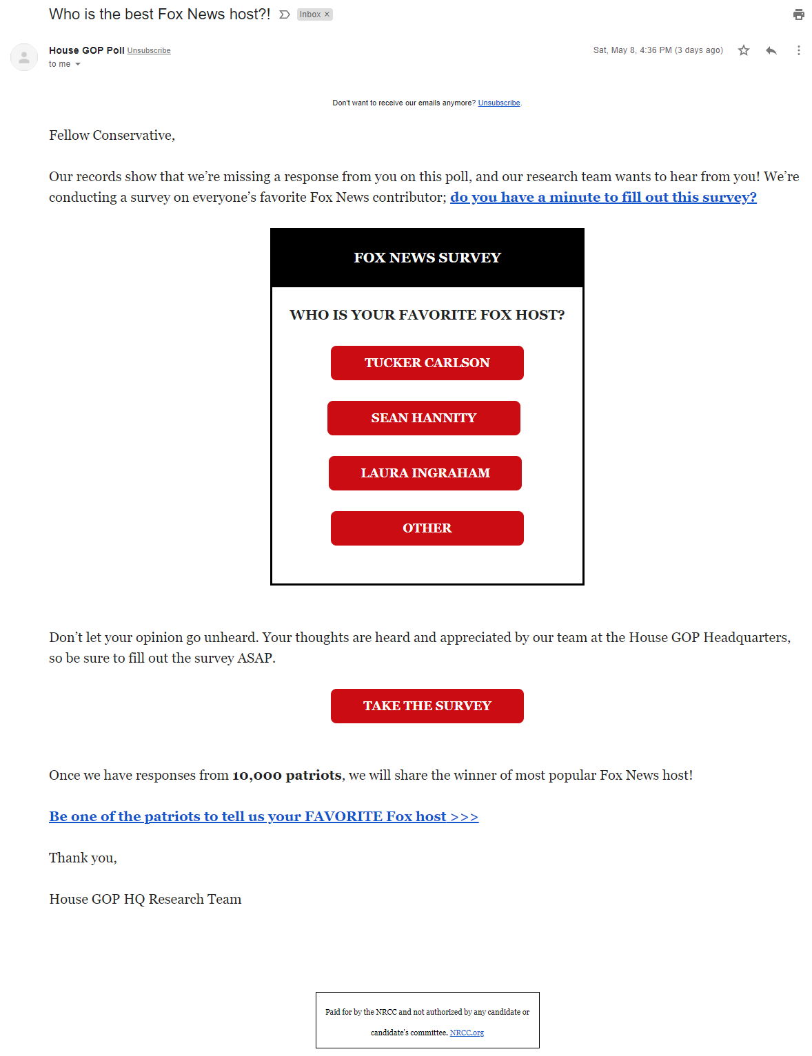 NRCC email: "Who is the best Fox News host?!"