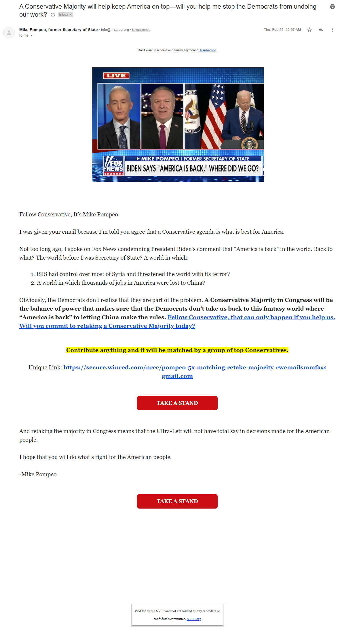 NRCC email from Mike Pompeo