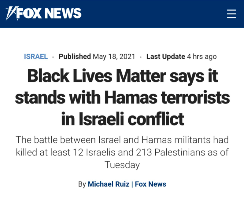Fox News headline stating Black Lives Matter says it stands with Hamas terrorists in Israeli Conflict