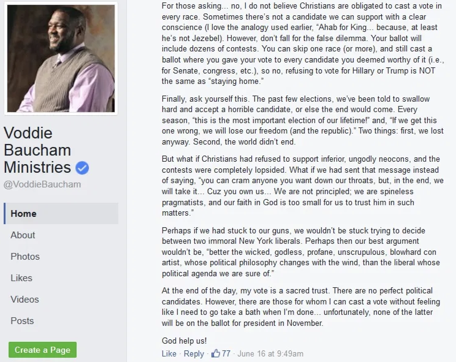 Post from Voddie Baucham ministry page