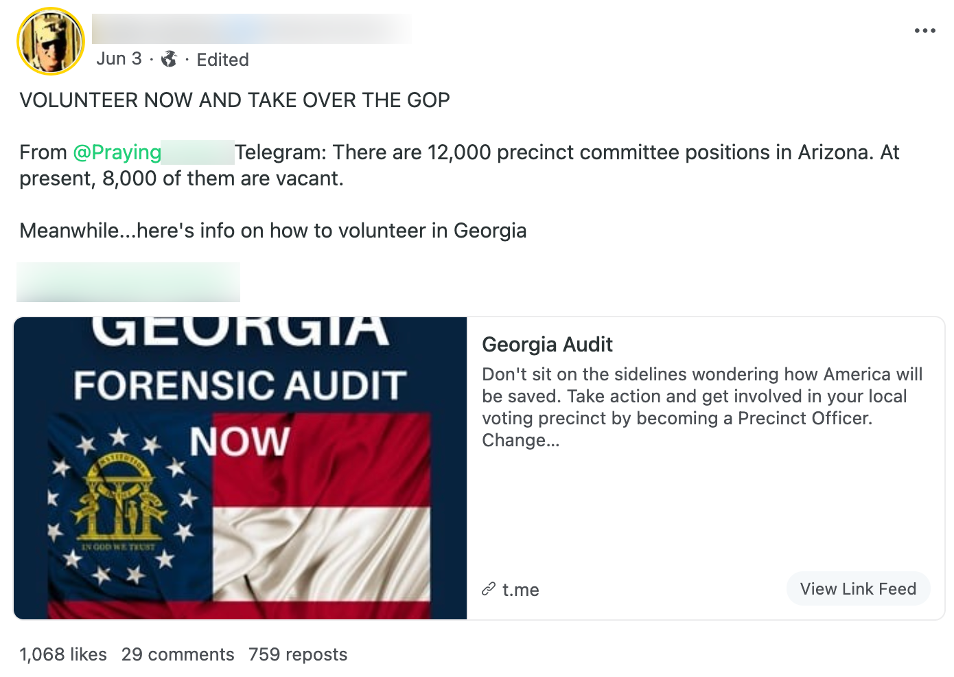 QAnon influencer Gab precinct promotion