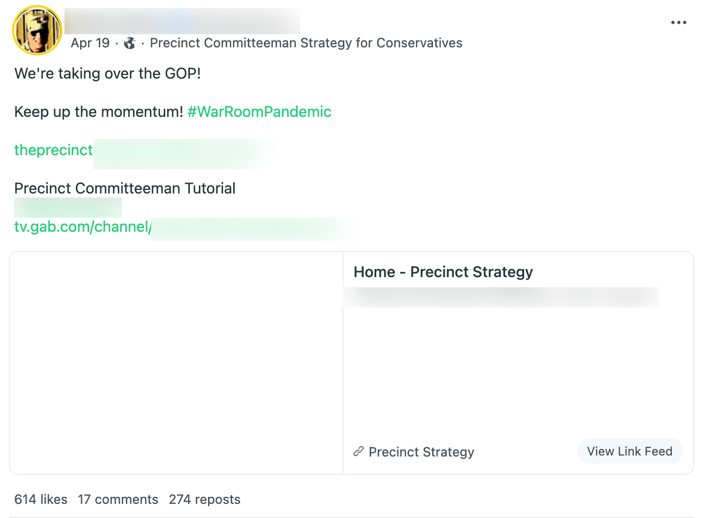 QAnon influencer Gab group precinct promotion