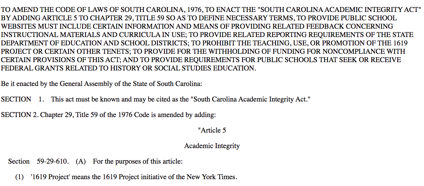South Carolina banning 1619 project
