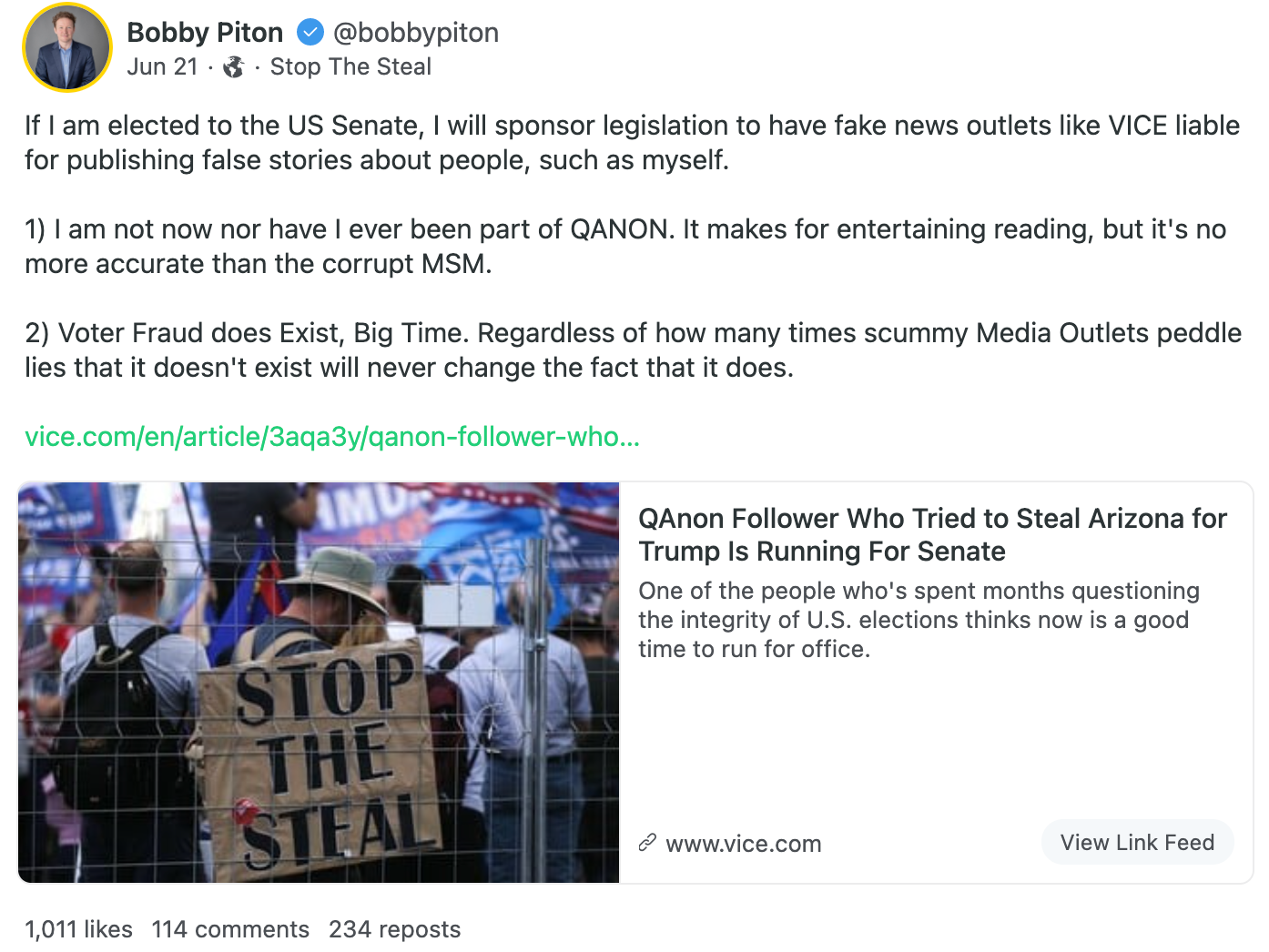 Bobby Piton QAnon response