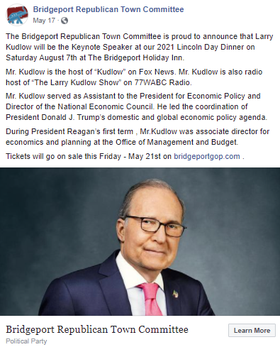 Bridgeport GOP Facebook post for Larry Kudlow