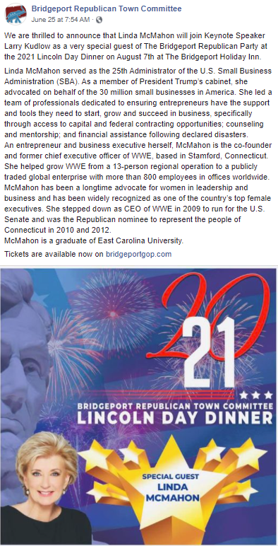 Bridgeport GOP Facebook post for Linda McMahon