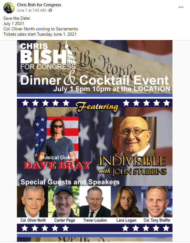 Chris Bish's Facebook post promoting event featuring Lara Logan