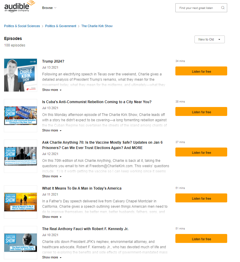 Charlie Kirk Podcast on Audible