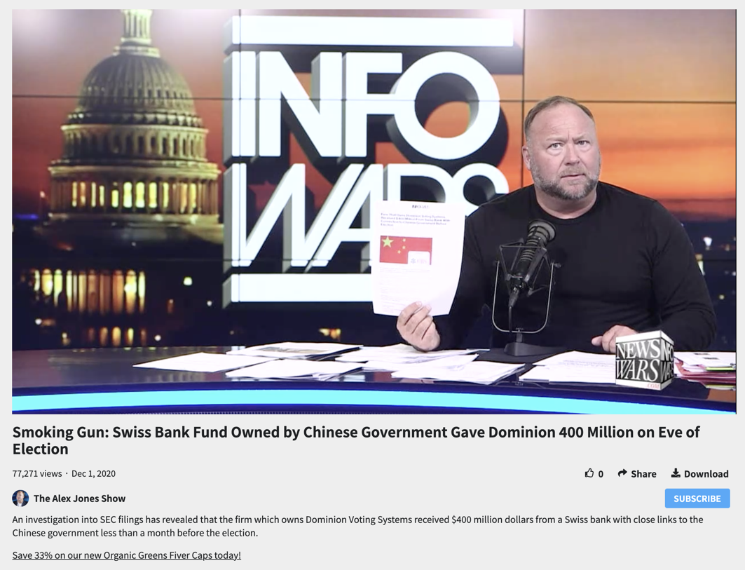 Alex Jones' false "exclusive" Dominion had $400 million Chinese investment