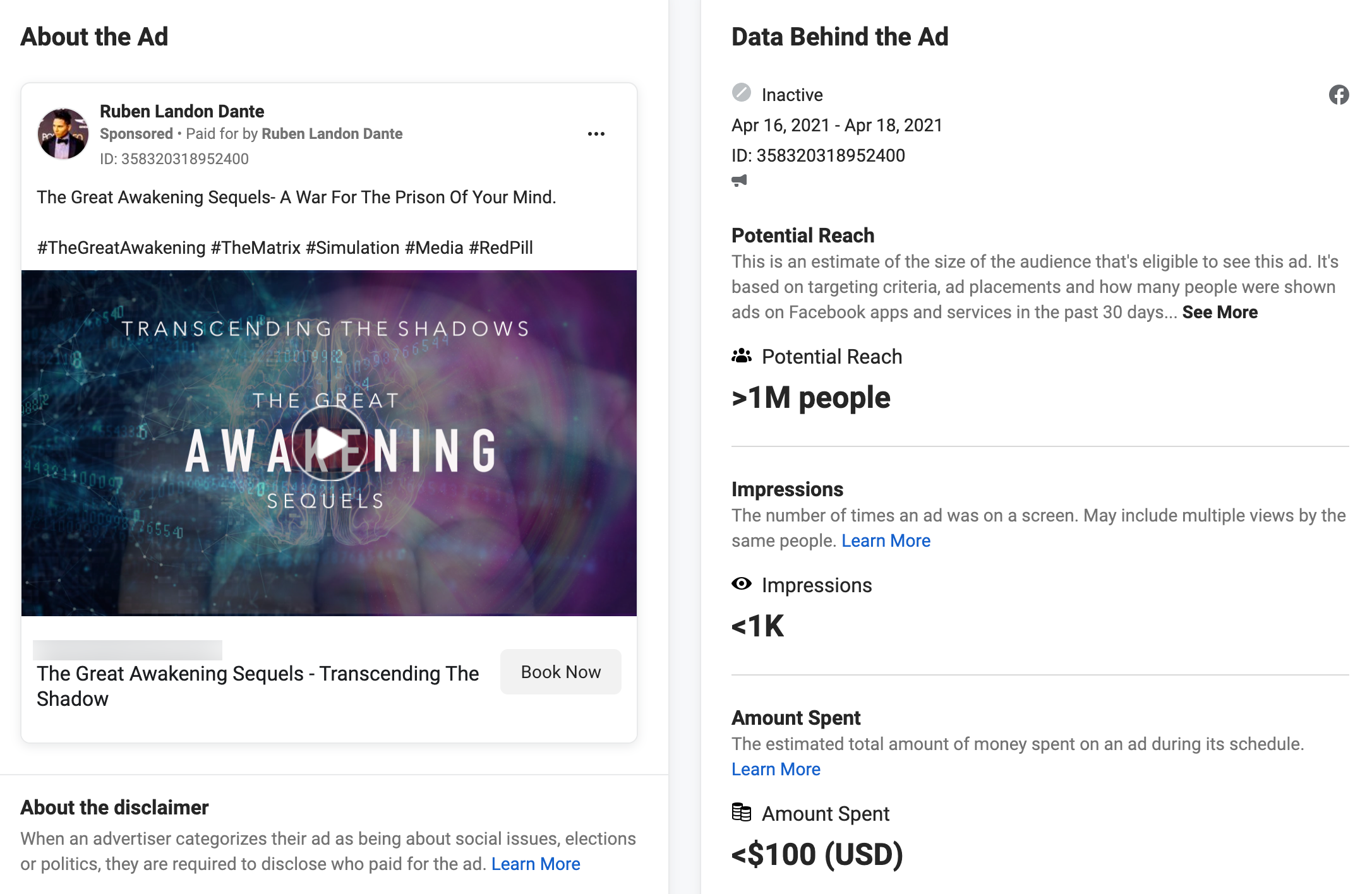 Ruben Landon Dante Facebook ad