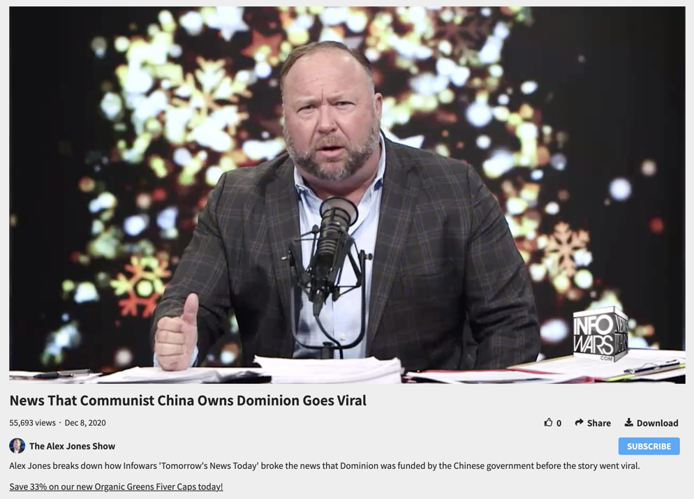 Alex Jones again takes credit for false claim China owns Dominion