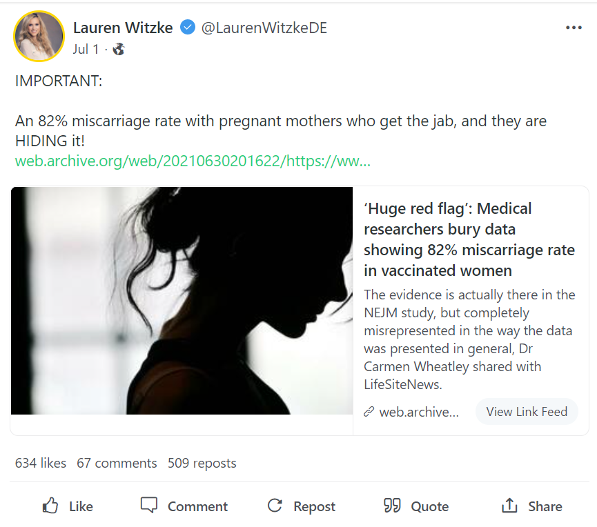 A screengrab of Lauren Witzke's Gab where she spreads misinformation regarding pregnancies and the COVID vaccine