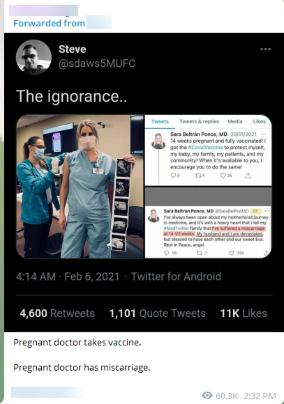 Telegram post claiming COVID vaccine caused a doctor to miscarry