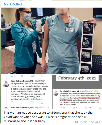 COVID vaccine disinformation claiming a doctor miscarried because of the vaccine