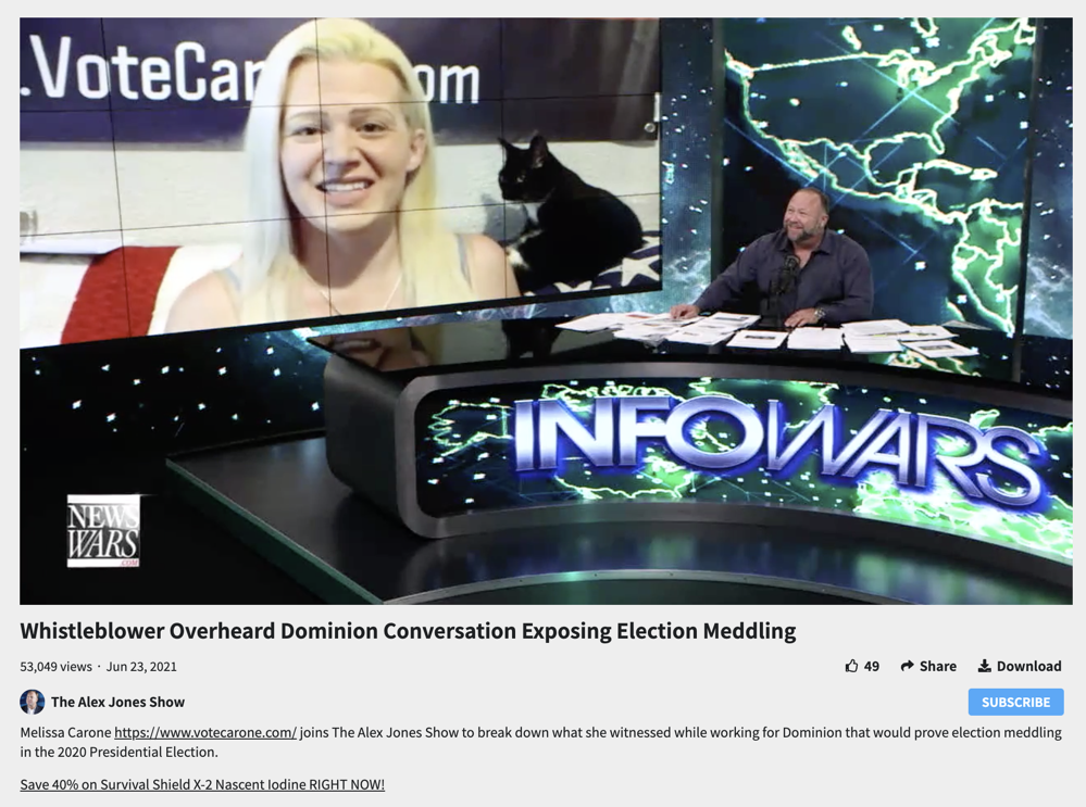 Infowars profits off of Melissa Carone's Dominion falsehoods