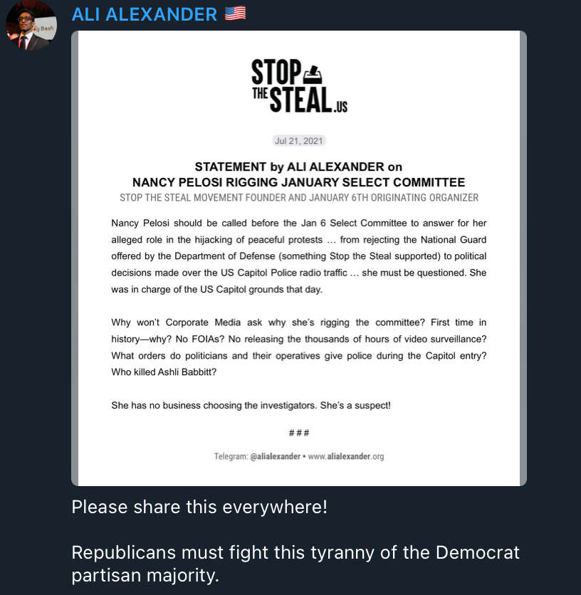 Ali Alexander press release Pelosi