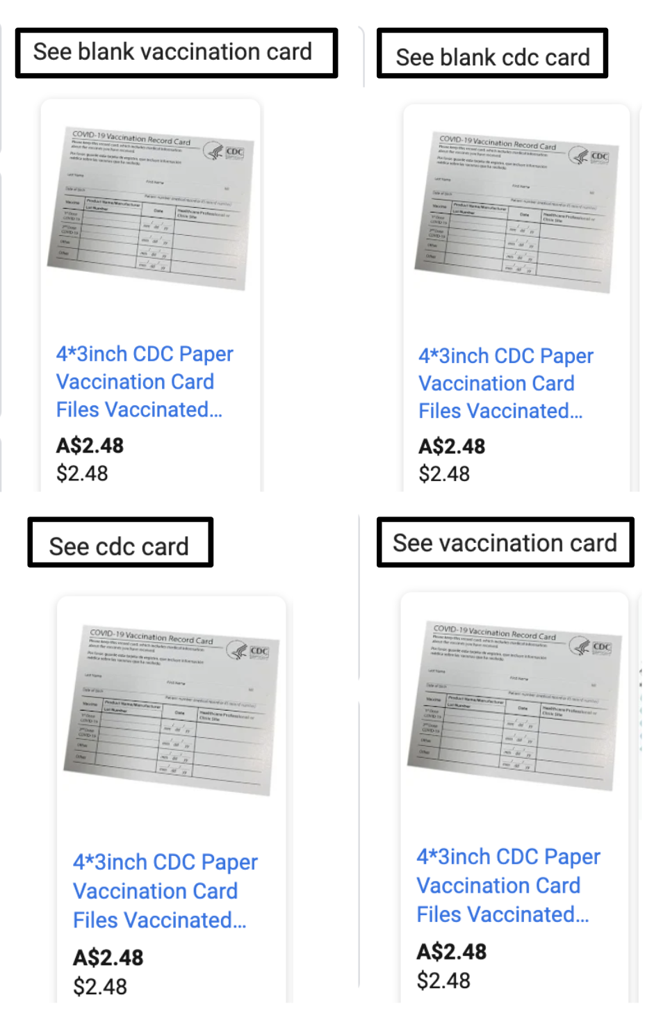 “blank vaccination card,” “blank cdc card,” “cdc card,” and “vaccination card.” 