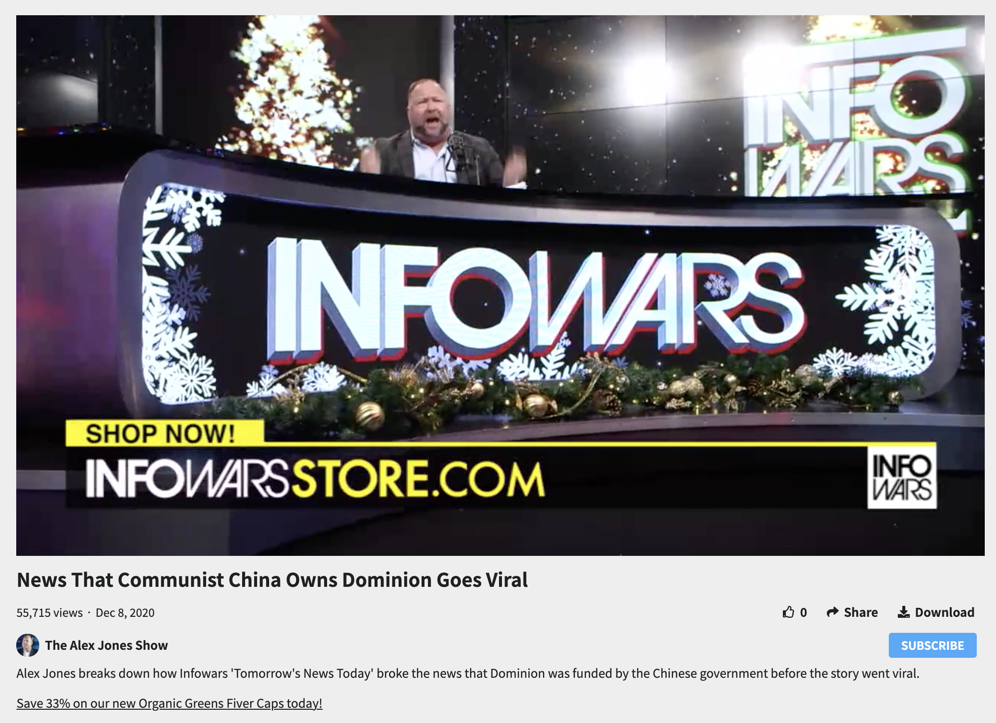 Alex Jones live ad read attacking Dominion