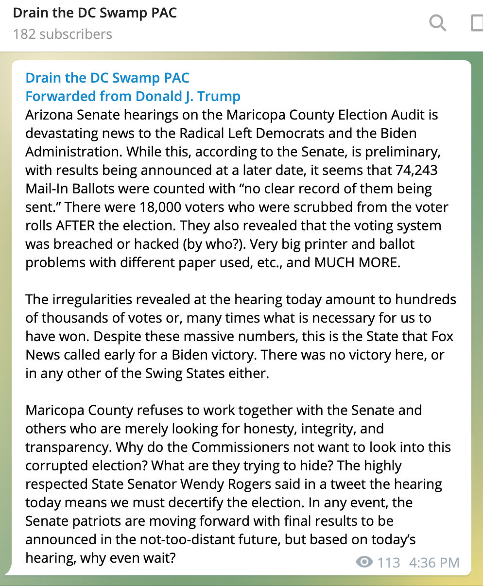 Screen capture of a telegram message containing a statement from Donald Trump