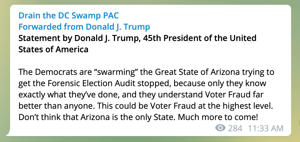 Screen capture of a telegram message containing a statement from Donald Trump