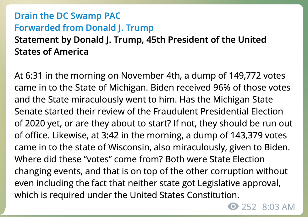 Screen capture of a telegram message containing a statement from Donald Trump