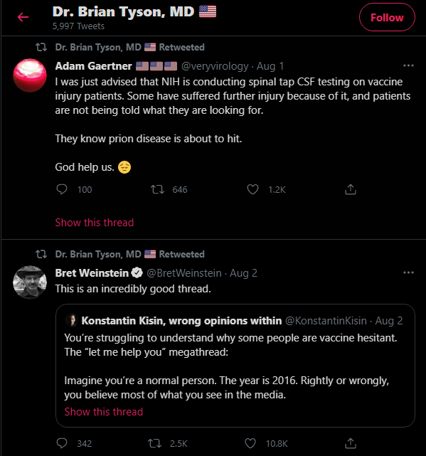 Dr. Brian Tyson retweeted account claiming the NIH is “conducting spinal tap CSF testing on vaccine injury patients,” because “they know prion disease is about to hit.”