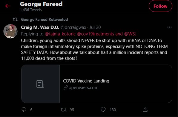 Fareed retweeted Twitter user who wrote “Children, young adults should NEVER be shot up with mRNA or DNA to make foreign inflammatory spike proteins, especially with NO LONG TERM SAFETY DATA. How about we talk about half a million incident reports and 11,000 dead from the shots?”