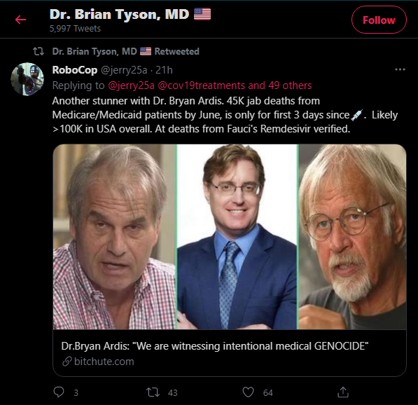 Tyson promoted Bitchute link claiming “45k jab deaths from Medicare/Medicaid patients by June, is only for first 3 days since” vaccination, “likely >100k in USA overall.”