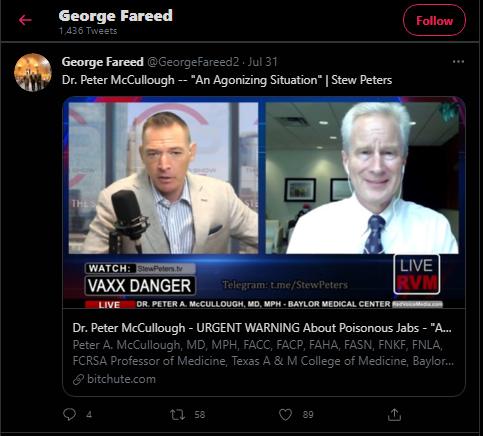 Fareed promoted bitchute video titled “Dr. Peter McCullough - URGENT WARNING AGAINST POISONOUS JABS”