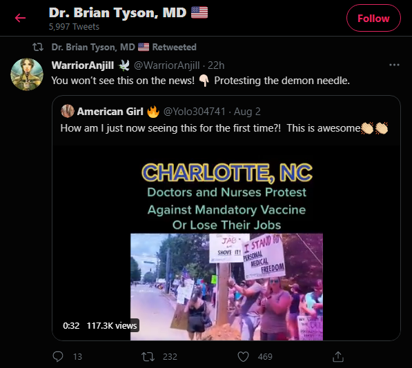 Tyson retweeted account promoting video of doctors “protesting the demon needle,” referring to mandatory COVID-19 vaccinations for doctors and nurses.
