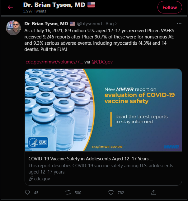 Tyson called for CDC to pull emergency use authorization for Pfizer vaccine.