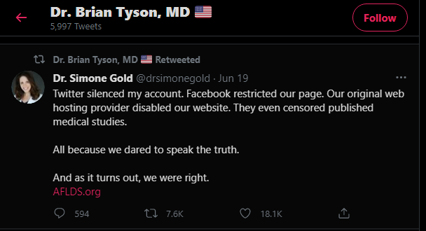 Brian Tyson retweets criticism of social media companies who took action against “America’s Frontline Doctors”