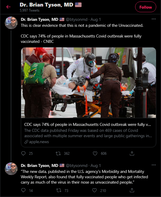 Tyson: “This is clear evidence that this is not a pandemic of the Unvaccinated. CDC says 74% of people in Massachusetts Covid outbreak were fully vaccinated - CNBC”