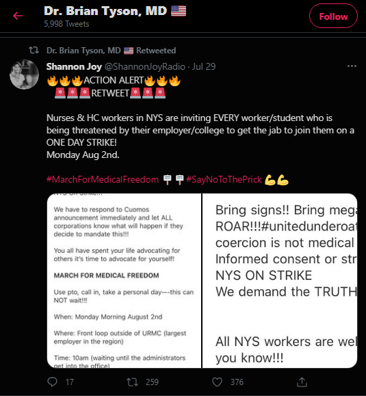 Tyson retweeted account calling on nurses and healthcare workers to protest employer/college vaccination requirements, with a “SayNoToThePrick” hashtag.