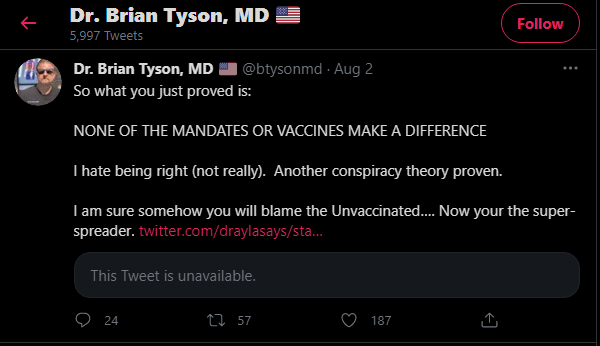 Tyson: “NONE OF THE MANDATES OR VACCINES MAKE A DIFFERENCE I hate being right (not really).  Another conspiracy theory proven. I am sure somehow you will blame the Unvaccinated…. Now your the super-spreader.”