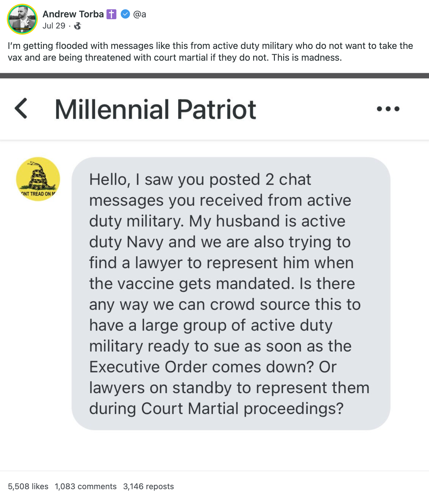Andrew Torba military post