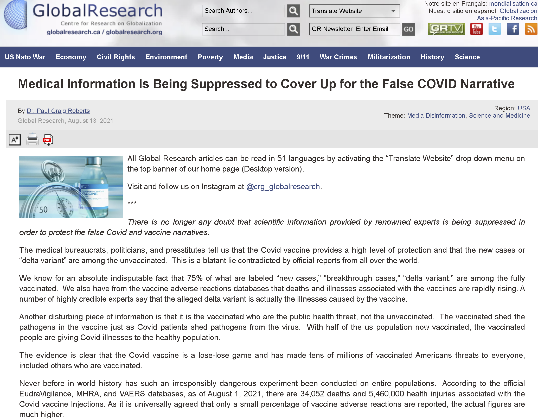 Global Research article claiming medial conspiracy