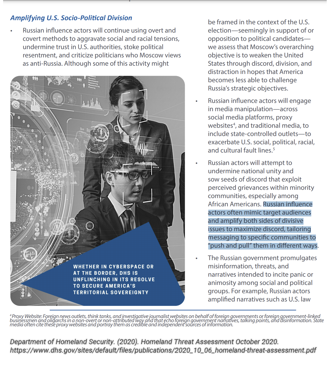 Department of Homeland Security. (2020). Homeland Threat Assessment October 2020. https://www.dhs.gov/sites/default/files/publications/2020_10_06_homeland-threat-assessment.pdf