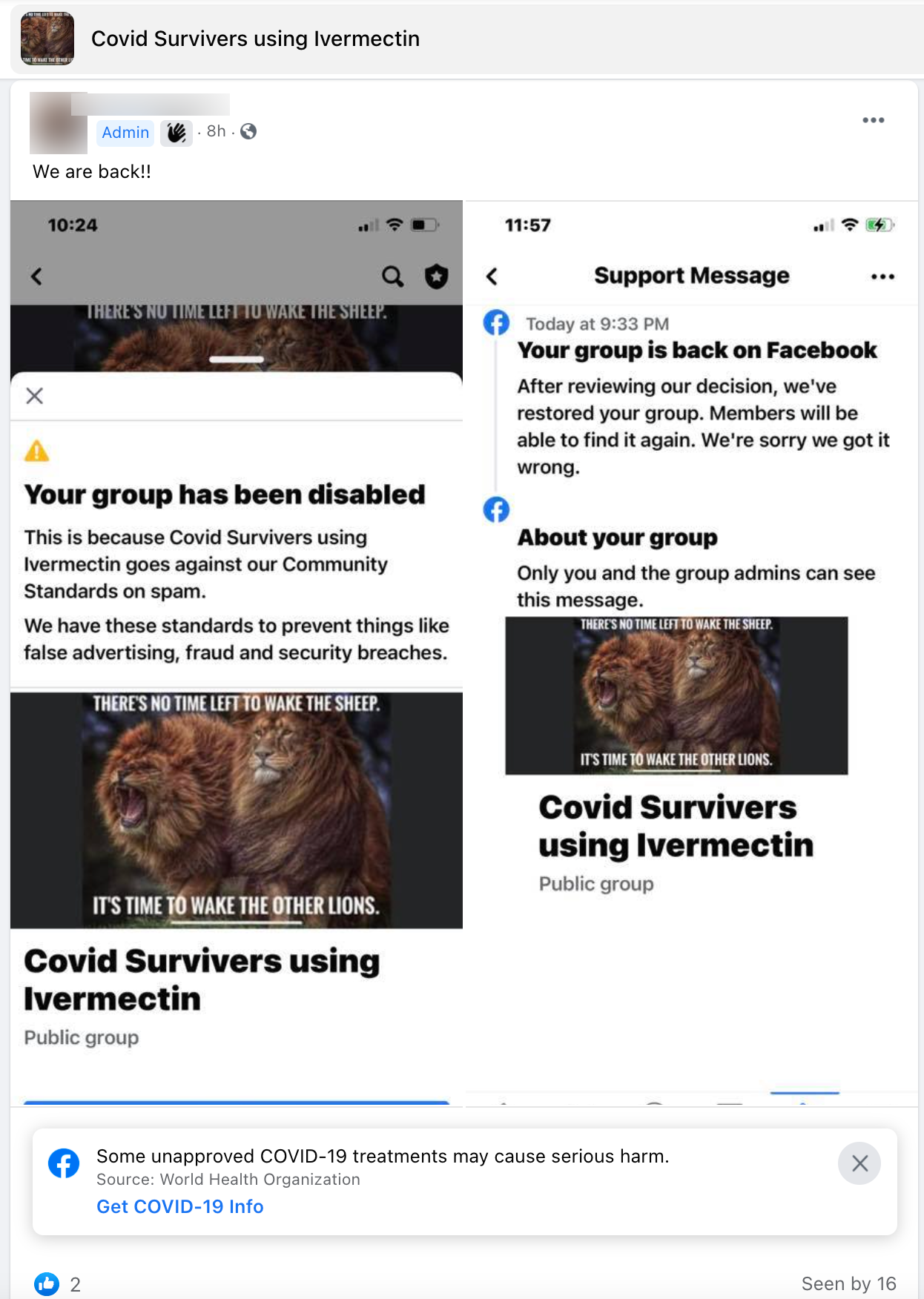 Admin of "Covid Survivers using Ivermectin" announcing the group is back.