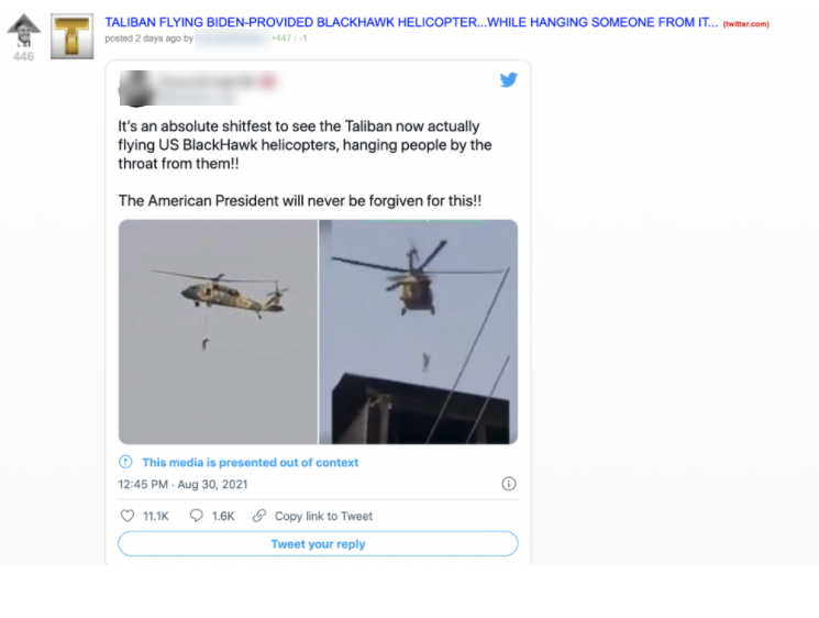 A screenshot from the right-wing social site Patriots.win showing a retweet of a tweet with screenshots of the viral helicopter video. The tweet, by user @Resilient_Vet, reads "“it’s an absolute shitfest to see the Taliban now actually flying US BlackHawk helicopters, hanging people by the throat from them!! The American President will never be forgiven for this!!”  